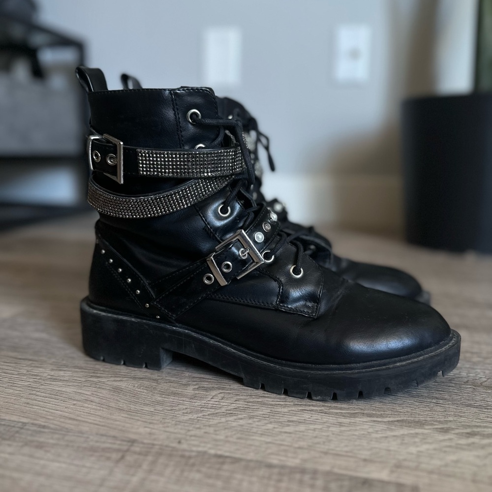 Edgy Black Combat Boots with Silver Studded Straps
